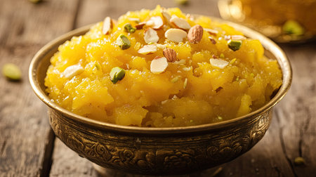 Close-up of freshly prepared Moong Dal Halwa, garnished with almonds and pistachios, served in a traditional brass bowl on a rustic wooden table, perfect for a festive occasion.の素材
