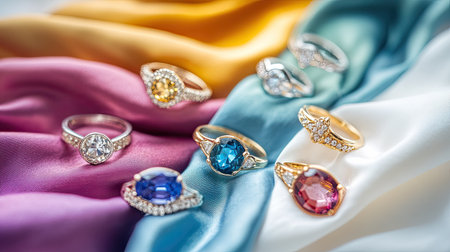 Collection of gemstone rings and necklaces, placed on colored fabric with a white background for contrast. Shimmering gems in focus.の素材