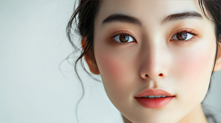 Elegant portrait of an Asian woman with radiant, glowing skin, natural makeup, and a simple backdrop, ideal for beauty, skincare, and natural beauty branding.の素材