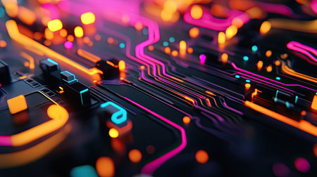Detailed shot of a circuit board, with vibrant colored wires connected to various components, set on a sleek black background for a modern tech aesthetic.の素材