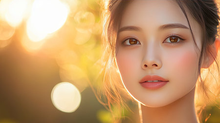 Elegant portrait of an Asian woman with glowing, healthy skin and soft makeup, her beauty enhanced by natural lighting, ideal for skincare and cosmetics campaigns.の素材