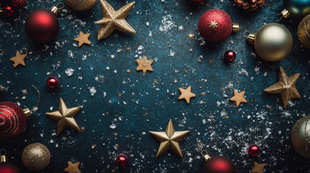 Festive flat lay of Christmas ornaments, snowflakes, and stars on a textured dark surface, capturing the holiday spiritの素材