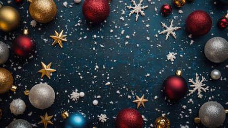 Flat lay of Christmas balls, stars, and snowflakes on a textured dark background, perfect for festive designs and greetingsの素材