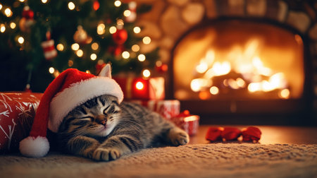 Festive kitten in a Santa hat, relaxing by the fireplace. The Christmas tree lights glow softly in the background, with gifts arranged under the tree.の素材