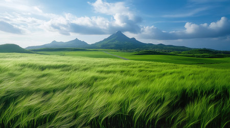 Green barley fields sway in the breeze on Gapado Island, with a quiet farm road and the distant peaks of Mt. Sanbang and Mt. Halla.の素材
