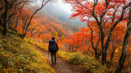 Hiker standing on a trail near Tsuta Onsen, taking in the breathtaking autumn scenery of red and orange leaves covering the forest.の素材