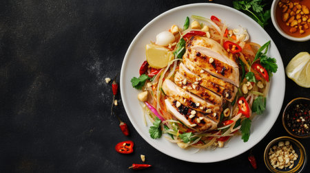 Grilled chicken and Som Tum Thai papaya salad on a white plate, surrounded by traditional Thai condiments like fish sauce and chilies, shot from a bird's eye view.の素材