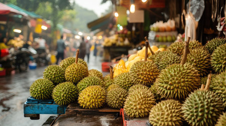 Fresh durian fruit laid out on a street vendor's table, with the tropical market bustling in the background.の素材