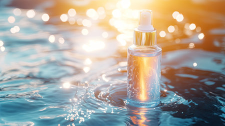 Hyaluronic acid skincare bottle floating among rippling water. Natural setting with sunlight shining through. Hydration and purity concept.の素材