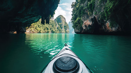 Kayaker's perspective of the serene lagoon at Koh Hong Island, with emerald waters and lush green cliffs rising dramatically from the Andaman Sea, Krabi, Thailandの素材