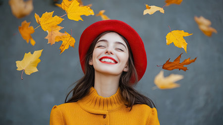 Joyful woman in a French beret, surrounded by falling yellow maple leaves, captured in a lively autumn portrait against a gray backdropの素材