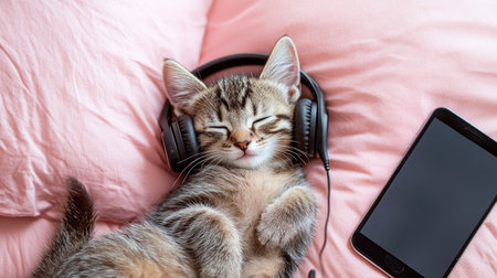 Kitten napping with headphones over its ears on a pink pillow, phone beside it, showcasing a playful and adorable pet sceneの素材