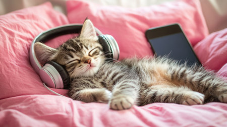 Kitten napping with oversized headphones on, lying on a pink pillow with a phone, illustrating a cute and funny pet sceneの素材