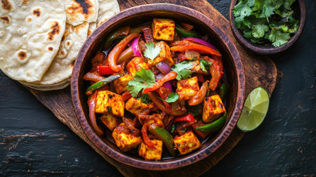 Kadai Paneer with bell peppers and onions, served in a rustic kadai bowl with a side of chapati and garnished with cilantro and lime.の素材