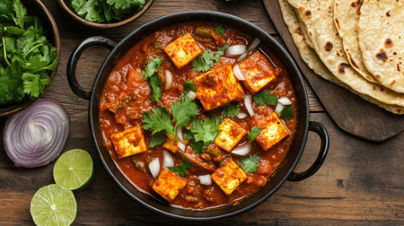 Kadai Paneer in a spicy tomato-based gravy, served with soft lachcha parantha and garnished with cilantro, lime, and onions.の素材