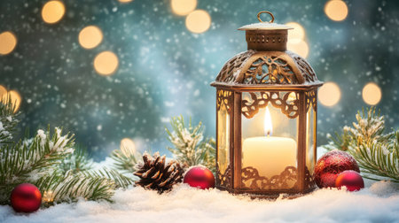 Lantern with a burning candle in the snow, decorated with pine branches and ornaments. The background offers room for text, making it ideal for festive wishes.の素材