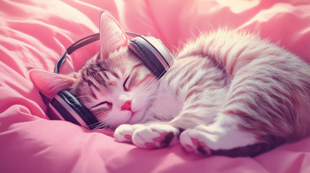 Kitten napping with oversized headphones on, lying on a pink pillow with a phone, illustrating a cute and funny pet sceneの素材