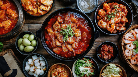Korean braised pork with a rich sauce, surrounded by slush, salted shrimp, and a variety of side dishes on a rustic wooden table, ready for a hearty mealの素材