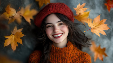 Joyful woman in a French beret, surrounded by yellow maple leaves, smiling warmly in an autumn portrait with a clean gray backgroundの素材