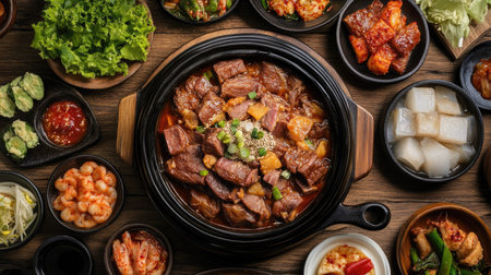 Korean braised pork with a rich sauce, surrounded by slush, salted shrimp, and a variety of side dishes on a rustic wooden table, ready for a hearty mealの素材
