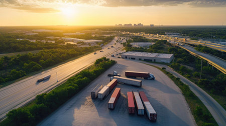 Large logistic complex with semi-trailer trucks unloading, set against a backdrop of lush greenery and highways in Flower Mound, Texasの素材