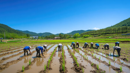 Korean farmers bent over in the muddy water, planting rows of young rice plants in Angang-eup, Gyeongju-si, South Korea, under a clear blue sky with a gentle breezeの素材