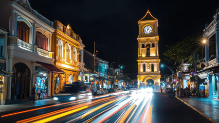 Long exposure shot of the Sino-Portuguese clock tower in Phuket Old Town, glowing at night with light trails from cars, blending historical architecture with modern life.の素材