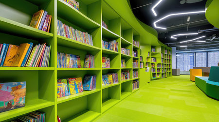 Library section with bright green shelves filled with children's books, promoting a joyful reading environment, Novosibirsk, Russia, April, colorful and playful designの素材