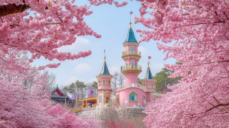 Lotte World Amusement Park with cherry blossoms in full bloom, the iconic Magic Castle framed by pink flowers under a clear blue sky, capturing spring in Seoulの素材