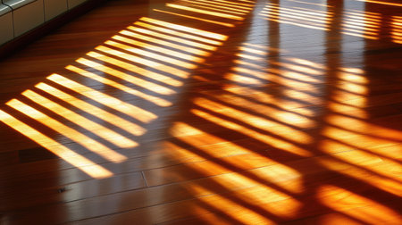 Light and shadow interplay from vertical blinds on a new Brazilian Cherry hardwood floor, the sunlight bringing out the flooraes natural beautyの素材