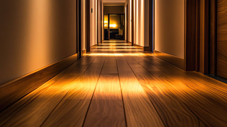 Long hallway with polished wooden floors, modern lighting casting a soft glow on the rich wood grain, leading to a brightly lit roomの素材
