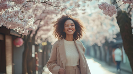 Joyful woman in a neutral-toned outfit strolling down a sakura-lined street, surrounded by branches heavy with pink blooms, basking in the beauty of springの素材