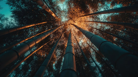 Low-angle shot of bamboo stalks in a dense forest, their towering presence highlighted as they reach toward the glowing sky aboveの素材
