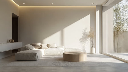 Living room with a minimalist sofa, bright natural light, and simple decor elements for a sleek and contemporary lookの素材
