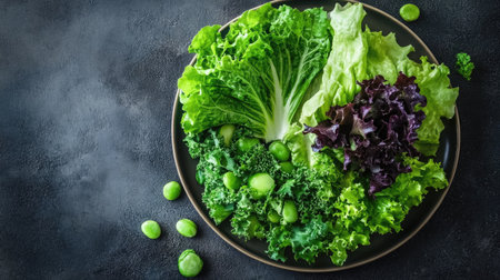 Lettuce leaves and green veggies arranged on a plate, creating a fresh and healthy salad. The vibrant greens and natural ingredients make for a nutritious and appealing meal.の素材