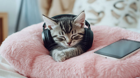 Kitten curled up on a soft pink pillow, wearing headphones with a phone next to it, highlighting a cute and playful pet sceneの素材