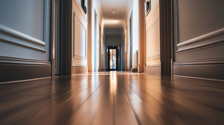 Long corridor in a modern home featuring polished wood floors, soft lighting, and clean, minimalist walls, leading to an open doorwayの素材