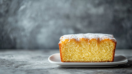 Lemon loaf cake with a glossy sugar icing, presented on a white plate, on a stone background with copy space available.の素材