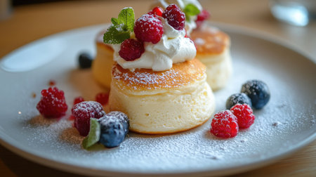Light and fluffy souffle pancakes with whipped cream and berries, set on a white plate on a wooden table, close-up, capturing a perfect breakfast sceneの素材