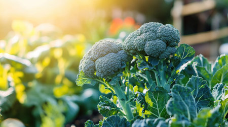 Lush broccoli plants in an organic garden, thriving under the sun. This Brassica oleracea cultivar is closely related to cabbage and cauliflower, known for its nutritious floretsの素材