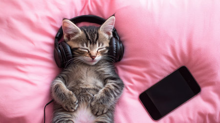 Little kitten napping with headphones on, a phone beside it on a pink pillow, creating a cute and amusing pet-themed imageの素材