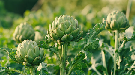 Lush green artichokes thriving on a slow food farm in Germany. Ripe and ready for harvest, these vegetables are a prime example of sustainable agriculture.の素材