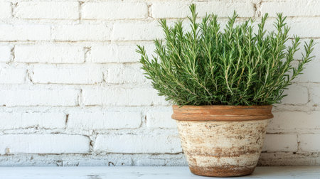 Lush rosemary growing in a rustic pot, placed against a white brick wall. Space for text on the right side, perfect for botanical-themed designs.の素材