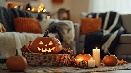 Living room decorated with a wicker basket of pumpkins, Jack's Pumpkin, and candles on a wooden table. Warm, cozy, and inviting for a Halloween home setting.の素材