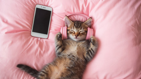 Little kitten napping with headphones on, a phone beside it on a pink pillow, creating a cute and amusing pet-themed imageの素材
