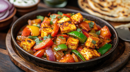 Kadai Paneer with colorful bell peppers, onions, and freshly ground spices, served with hot lachcha parantha and a side of raita.の素材