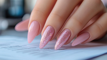 Long pink stone nails gently tapping on a business report, sharp focus on nail art with a clean office space in the backgroundの素材