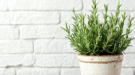 Lush green rosemary plant in a rustic planter, set against a white brick background. Ample space for text or product branding.の素材