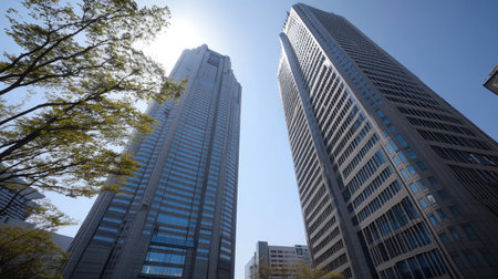 Looking up at Shinjuku's skyscrapers, the modern architecture and sleek designs contrast with the open sky in this iconic Tokyo district.の素材