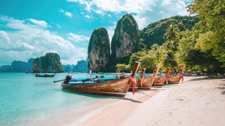 Long-tail boats docked on the white sandy shores of a tropical beach in Krabi, with towering limestone cliffs and lush vegetation in the distanceの素材
